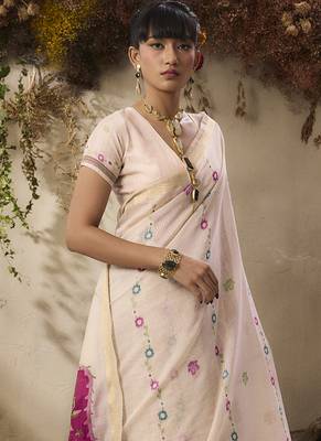 Cotton blend woven cream saree 4