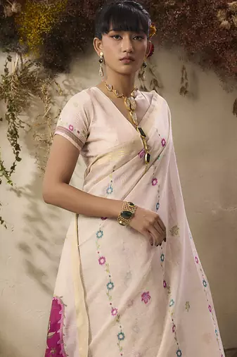 Cotton blend woven cream saree