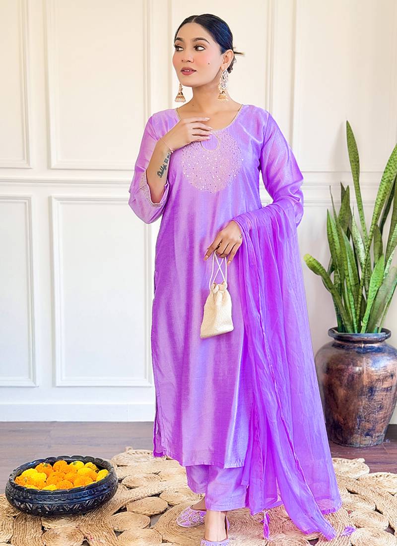 Lavender chanderi embroidered sttiched suit