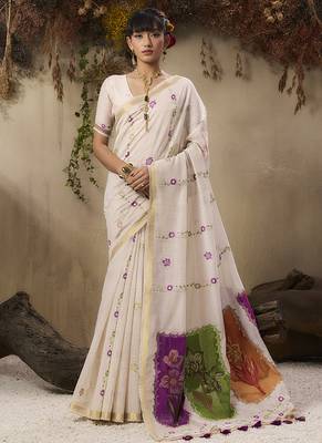 Cotton blend woven cream saree 1