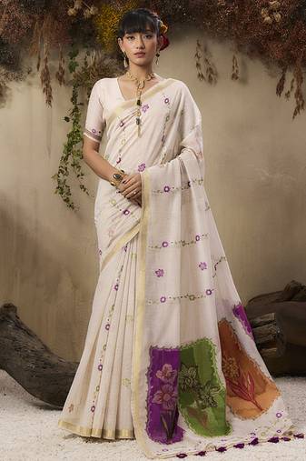 Cotton blend woven cream saree