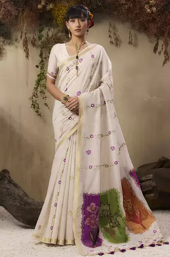 Cotton blend woven cream saree