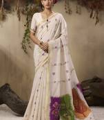 Cotton blend woven cream saree