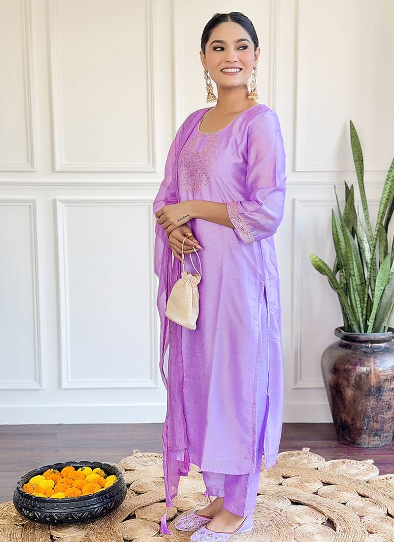 Lavender chanderi embroidered sttiched suit