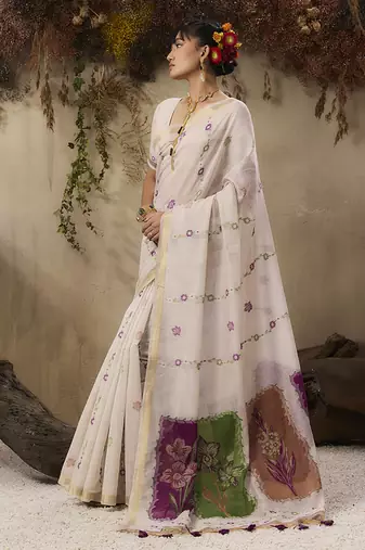 Cotton blend woven cream saree