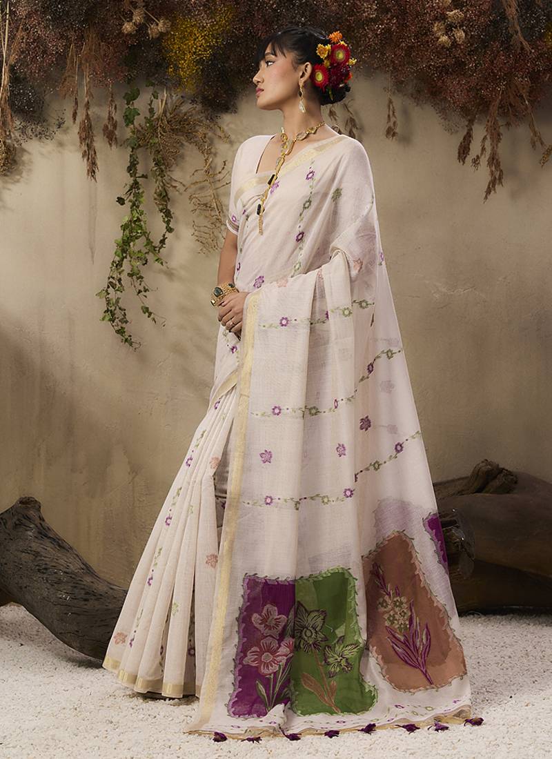 Cotton blend woven cream saree