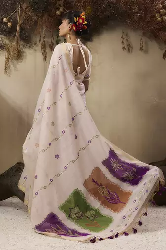 Cotton blend woven cream saree