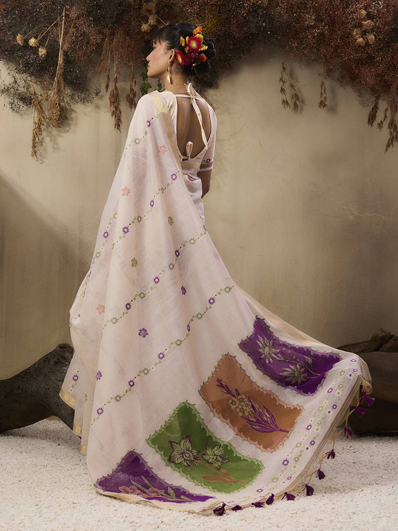 Cotton blend woven cream saree