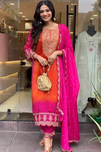 Chinon embroidered straight suit in orange and pink