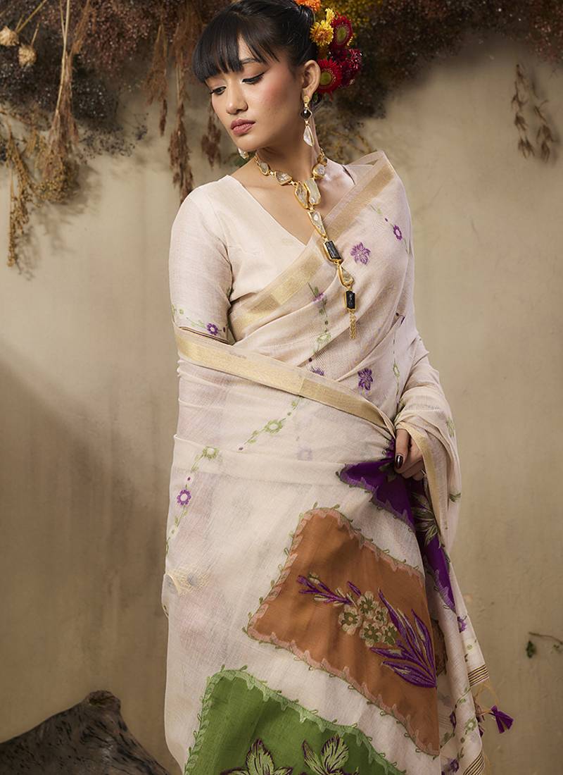 Cotton blend woven cream saree