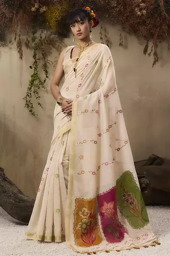 Cotton blend woven cream saree