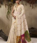 Cotton blend woven cream saree