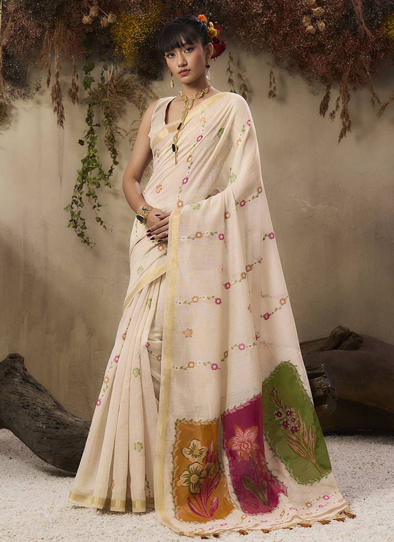 Cotton blend woven cream saree