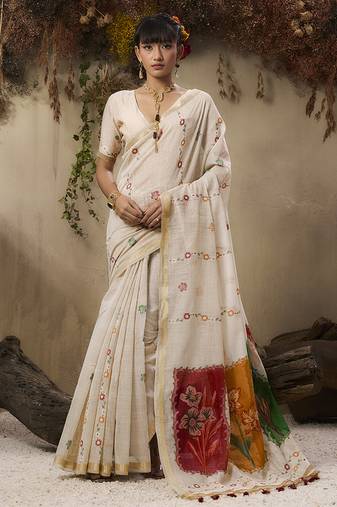 Cotton blend woven cream saree