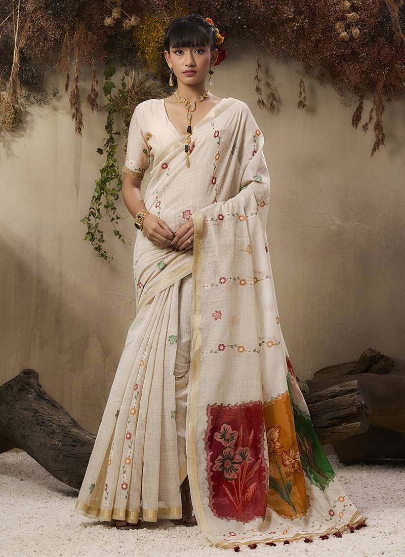 Cotton blend woven cream saree