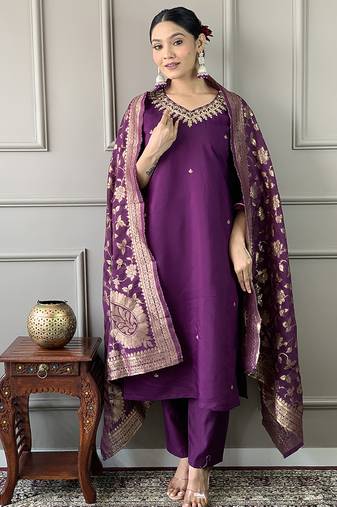Purple silk  embroidered straight sttiched suit