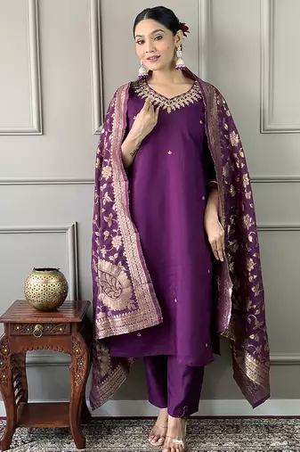 Purple silk  embroidered straight sttiched suit