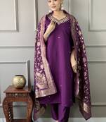 Purple silk  embroidered straight sttiched suit