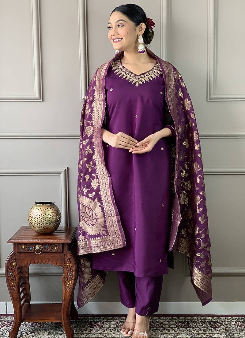 Purple silk  embroidered straight sttiched suit