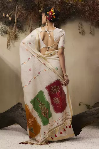 Cotton blend woven cream saree