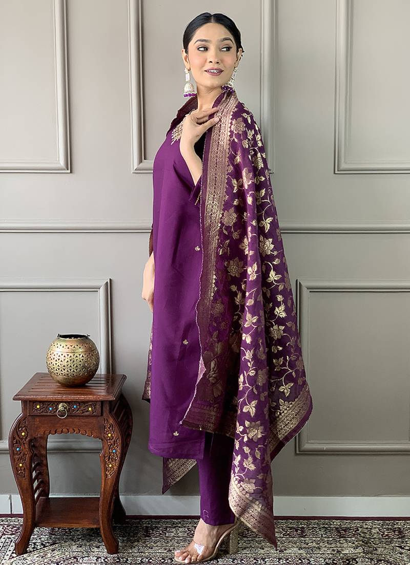 Purple silk  embroidered straight sttiched suit