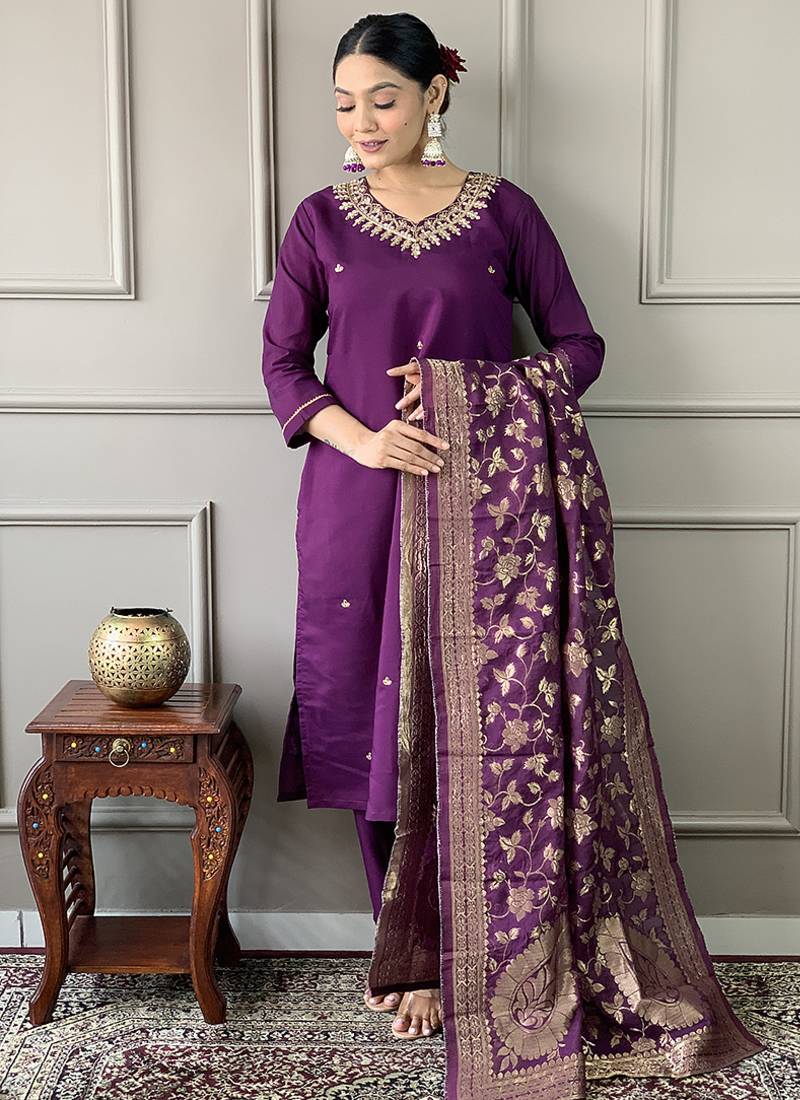 Purple silk  embroidered straight sttiched suit