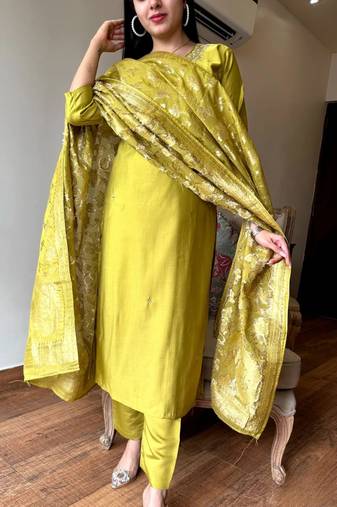 Mustard silk embroidered straight sttiched suit