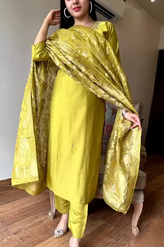 Mustard silk embroidered straight sttiched suit