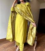 Mustard silk embroidered straight sttiched suit