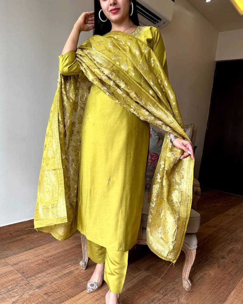 Mustard silk embroidered straight sttiched suit