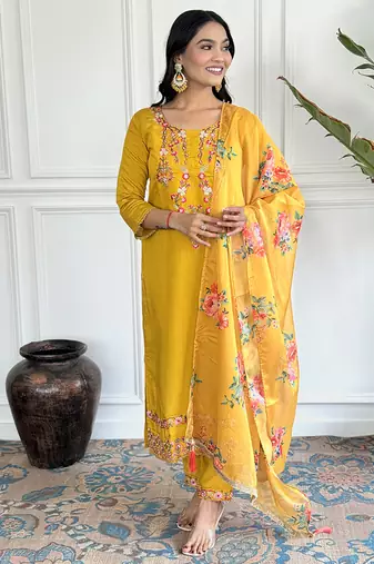 Yellow color chanderi embroidered straight suit