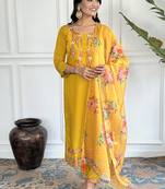 Yellow color chanderi embroidered straight suit
