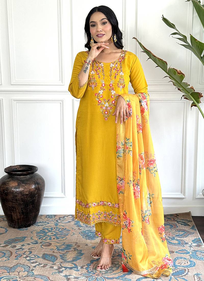 Yellow color chanderi embroidered straight suit