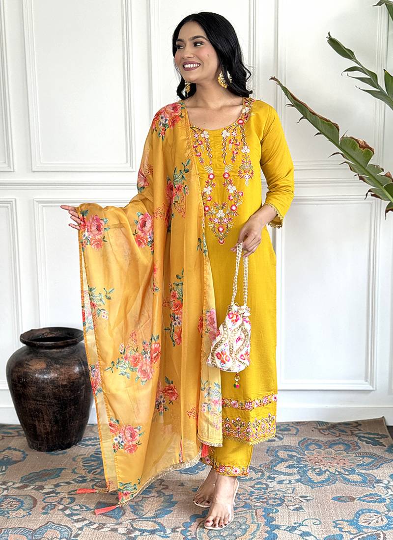 Yellow color chanderi embroidered straight suit