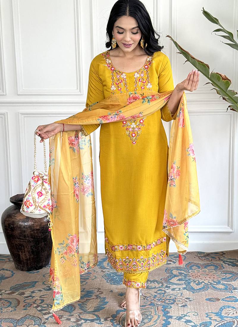 Yellow color chanderi embroidered straight suit