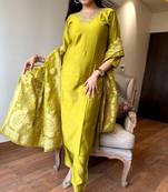 Parrot green embroidered chanderi kurta set