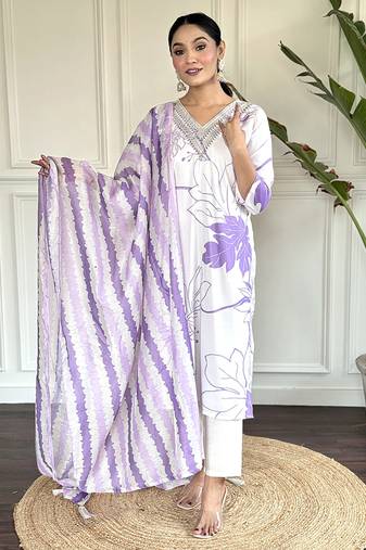 White rayon print ready made kurta set