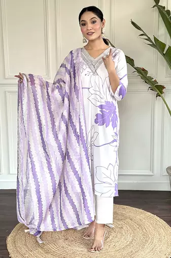 White rayon print ready made kurta set