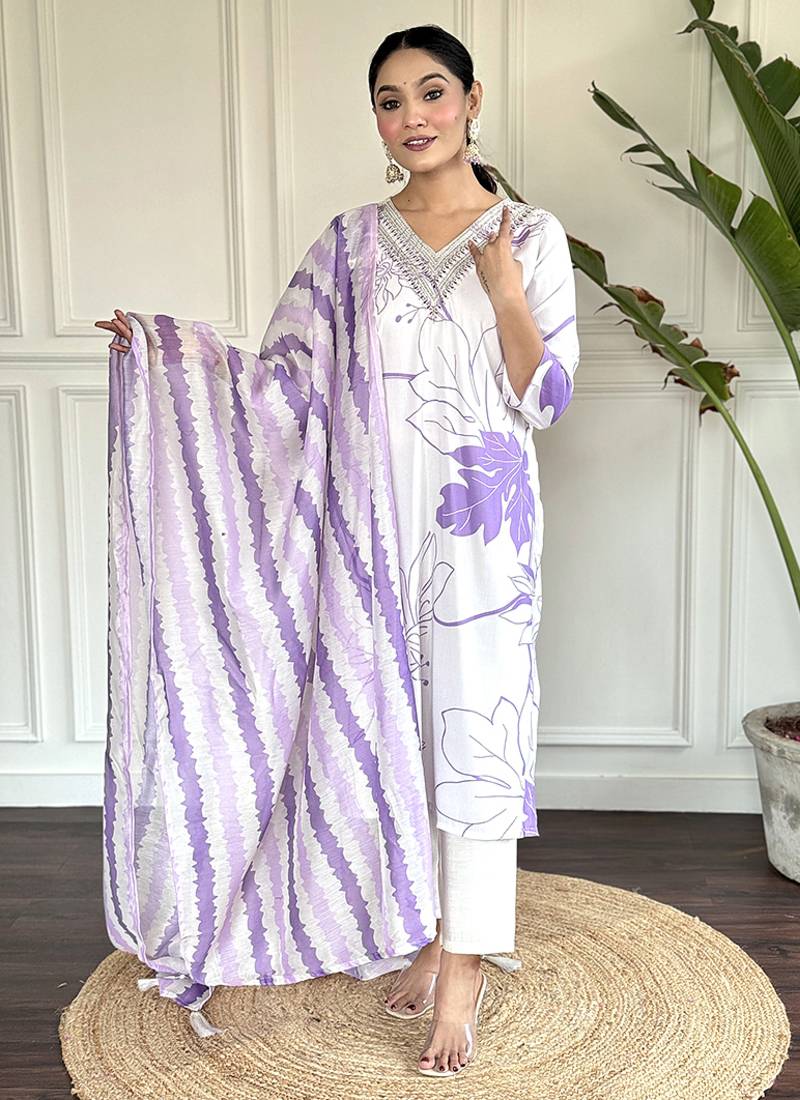 White rayon print ready made kurta set