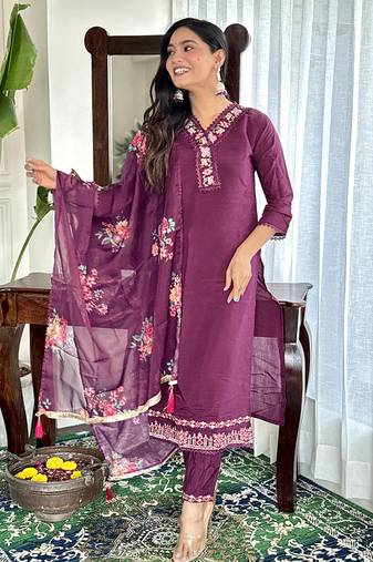 Wine chanderi sttiched straight suit