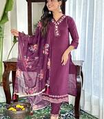Wine chanderi sttiched straight suit