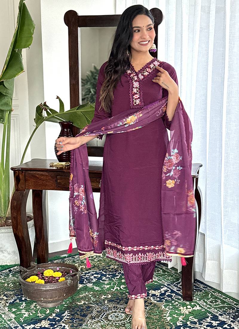 Wine chanderi sttiched straight suit
