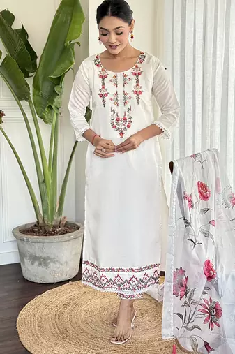 White embroidered chanderi sttiched straight suit