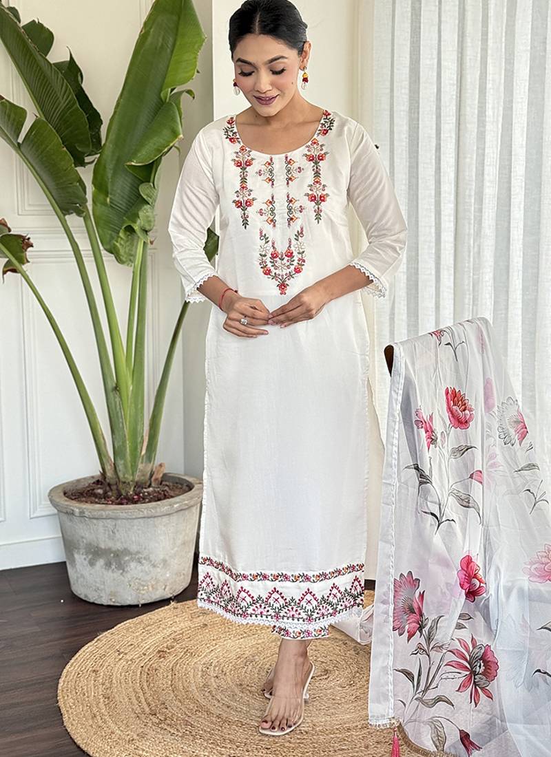 White embroidered chanderi sttiched straight suit