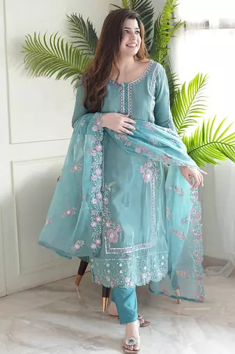Aqua blue chinon embroidered kurta set