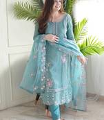 Aqua blue chinon embroidered kurta set