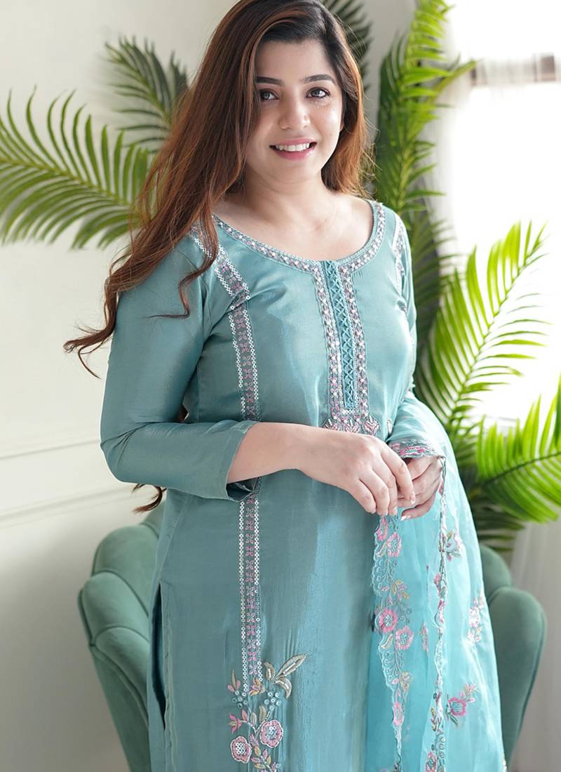 Aqua blue chinon embroidered kurta set