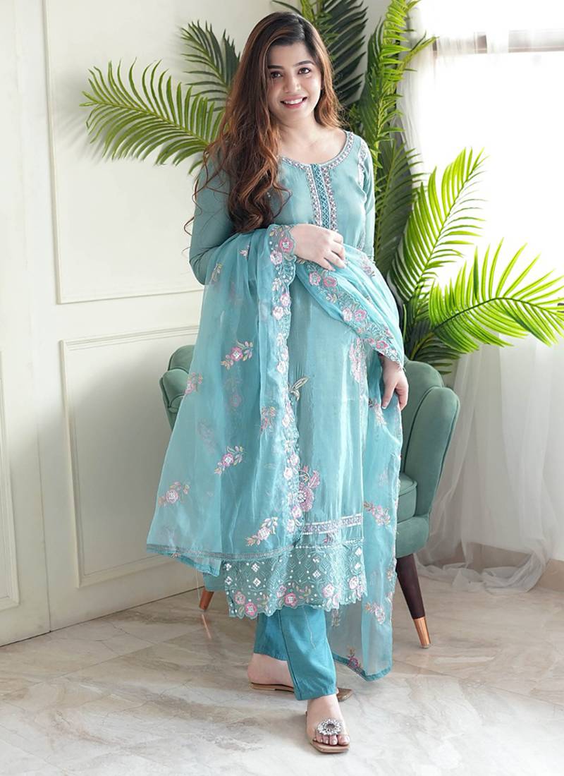 Aqua blue chinon embroidered kurta set
