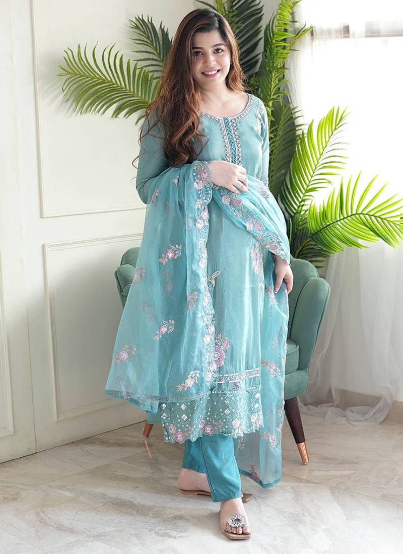 Aqua blue chinon embroidered kurta set