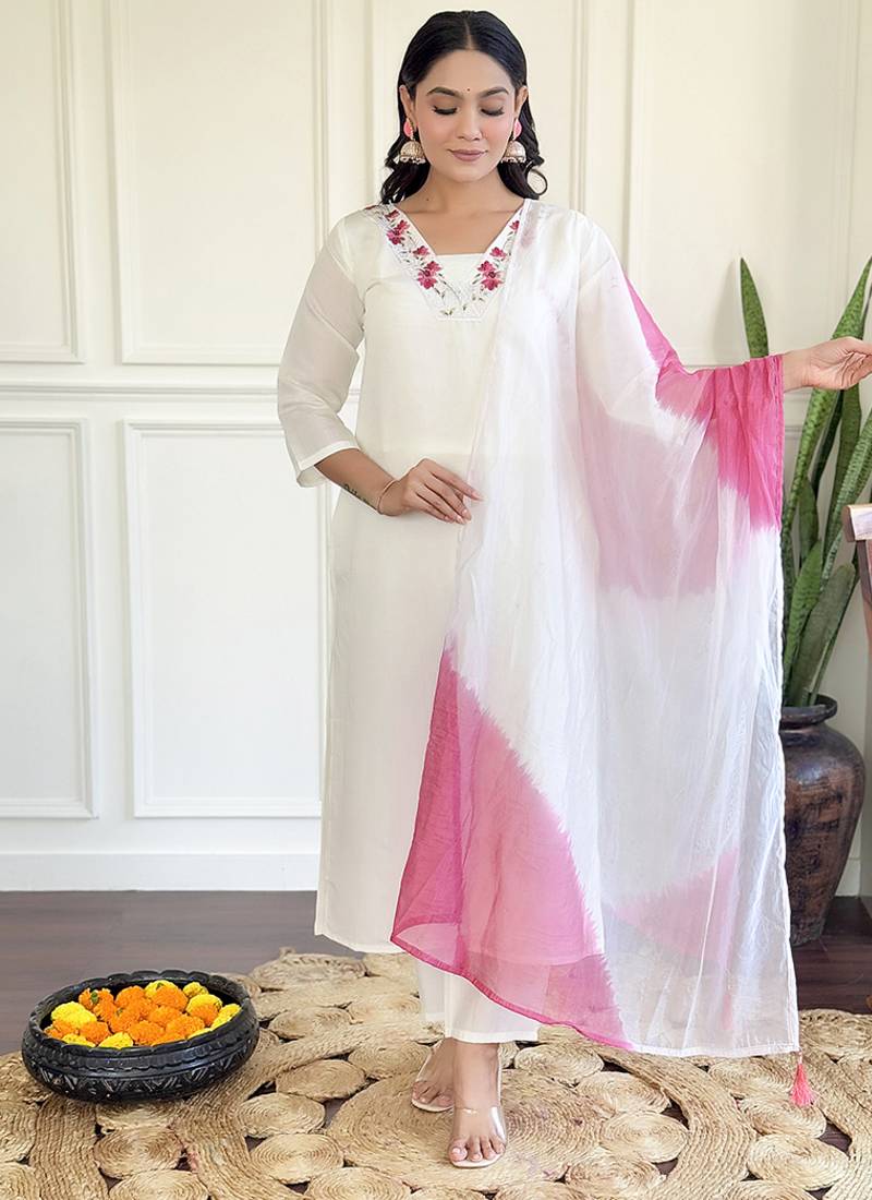 White color chanderi viscose sttiched kurta set